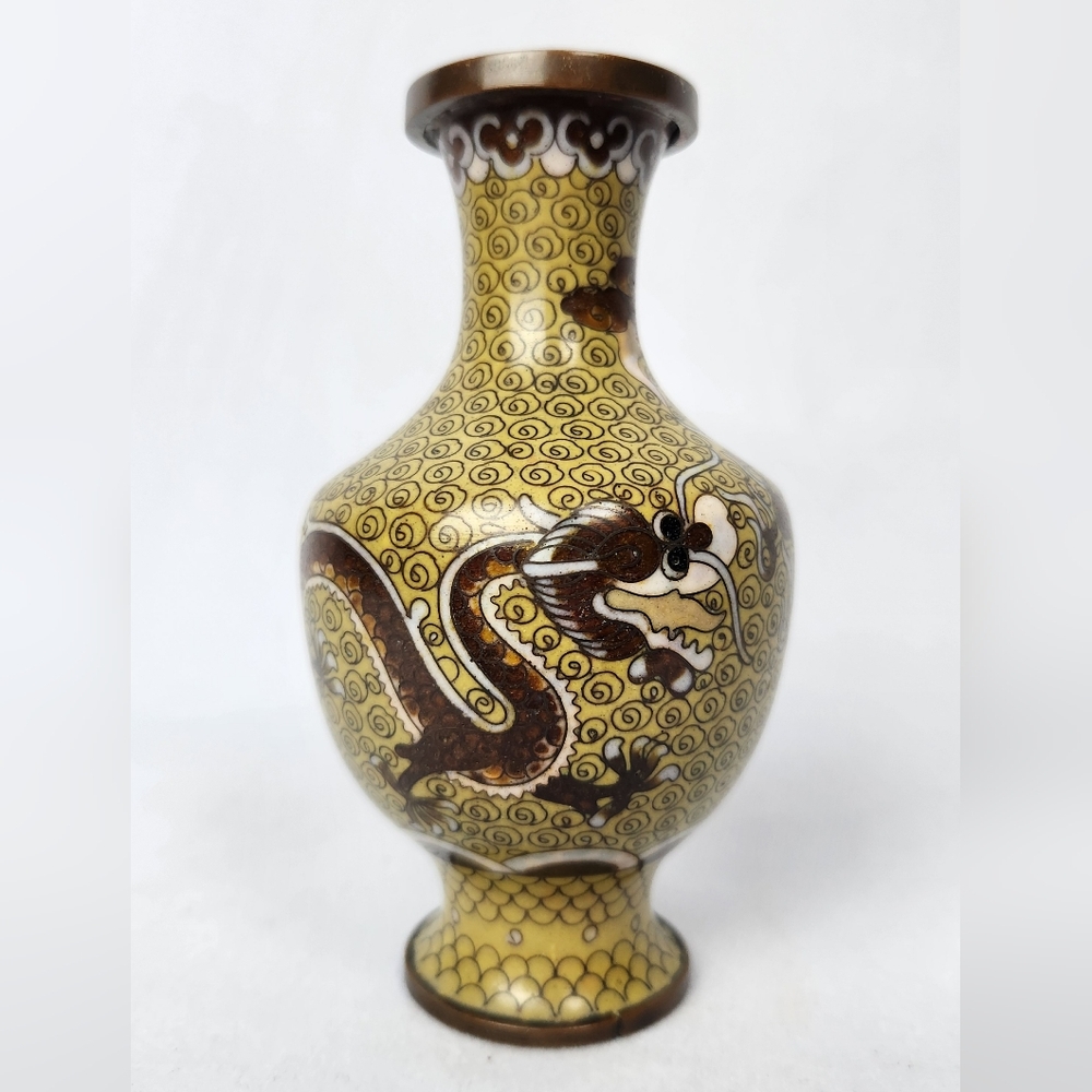 Dragon Cream Small Vintage Chinoiserie Cloisonné Metal Vase